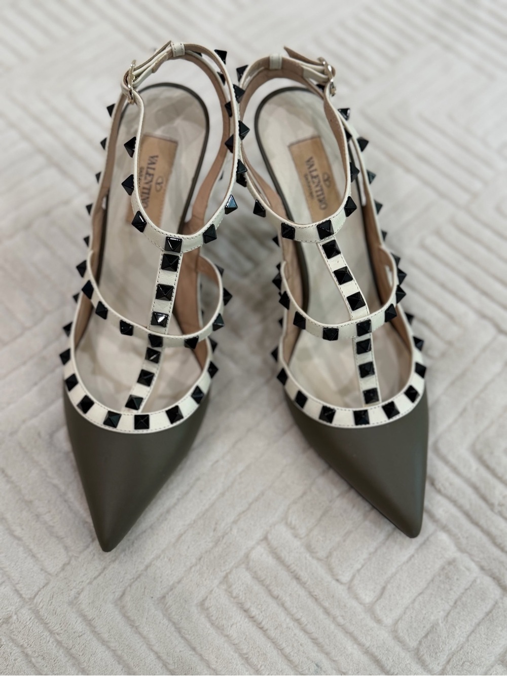 Valentino Olive Green Pointed T-Strap Pumps with Ivory & Black Studs